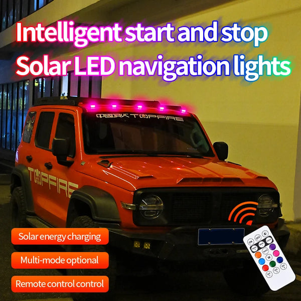 Orange Jeep with intelligent start and stop solar LED navigation lights installed on the roof