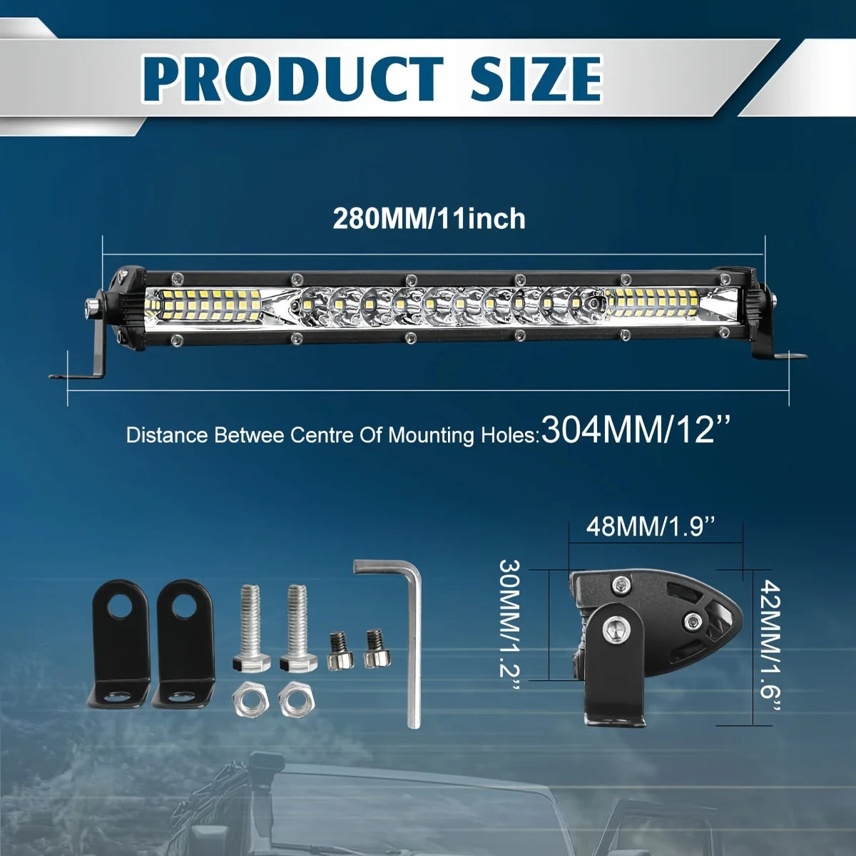 An ultra bright LED light bar with 280mm length and mounting holes spaced 304mm apart.