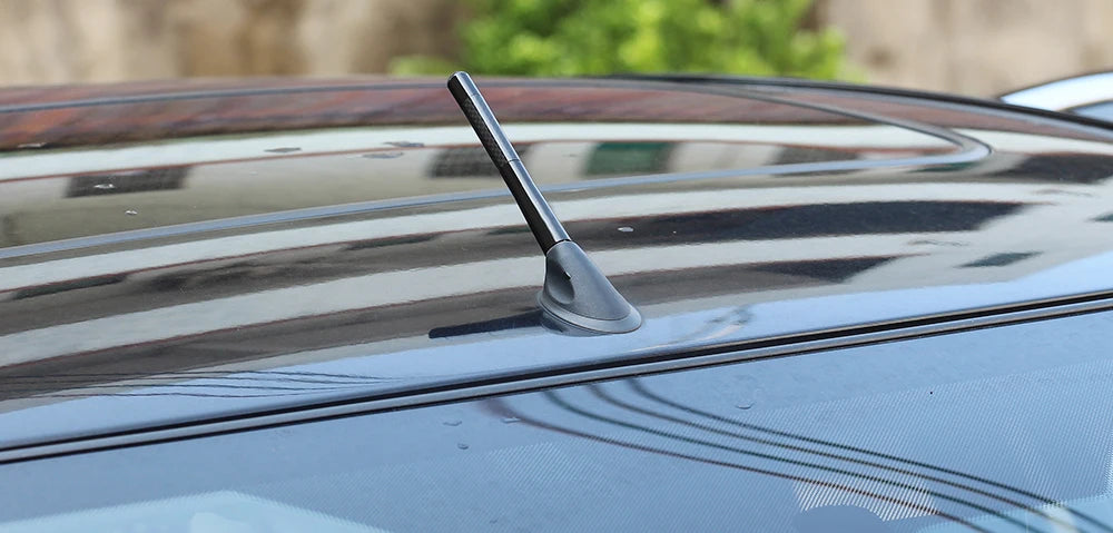 A close-up view of a carbon fiber radio antenna mounted on the roof of a car.