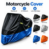 A black motorcycle cover with blue accents shown alongside various color options like silver, orange, and blue.