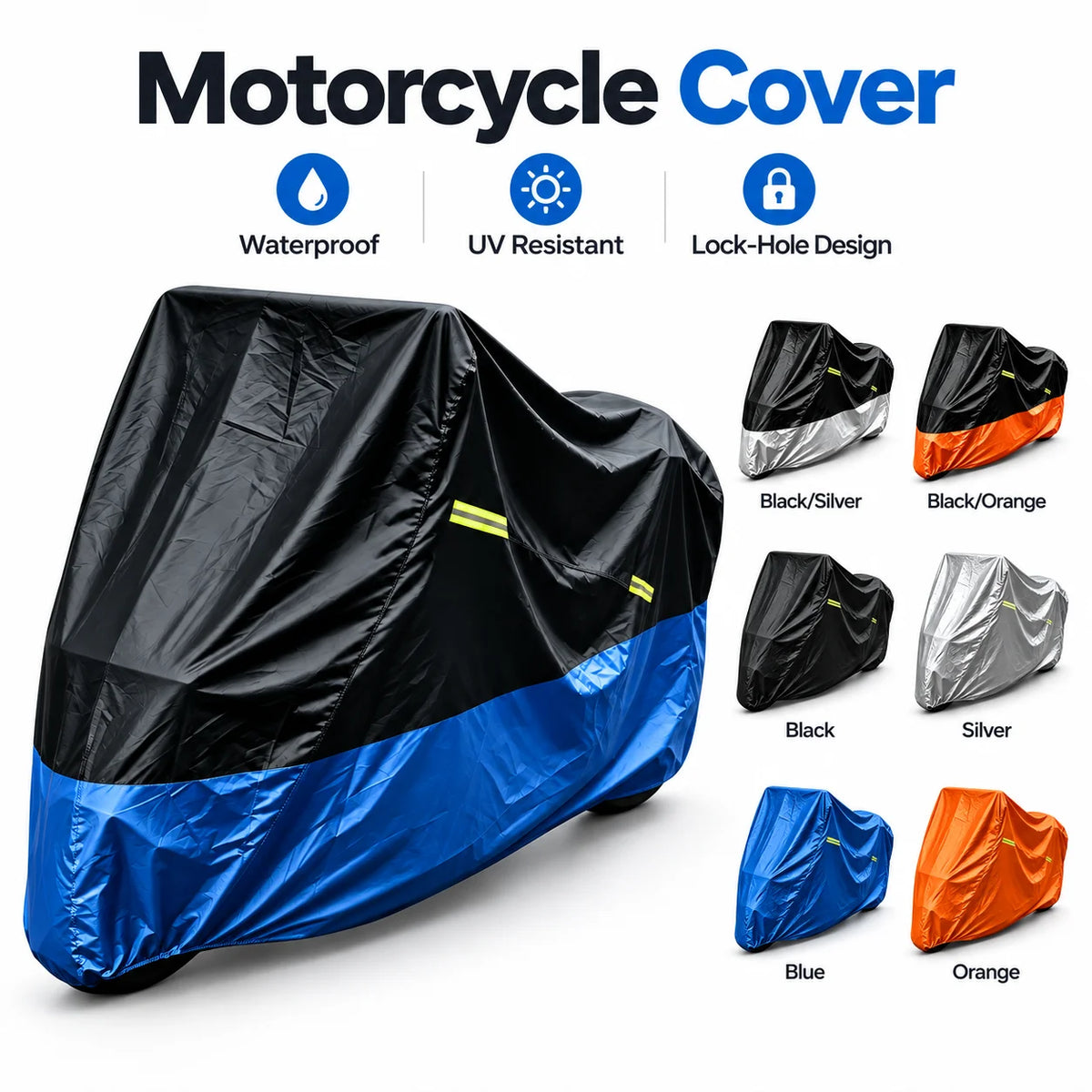 A black motorcycle cover with blue accents shown alongside various color options like silver, orange, and blue.