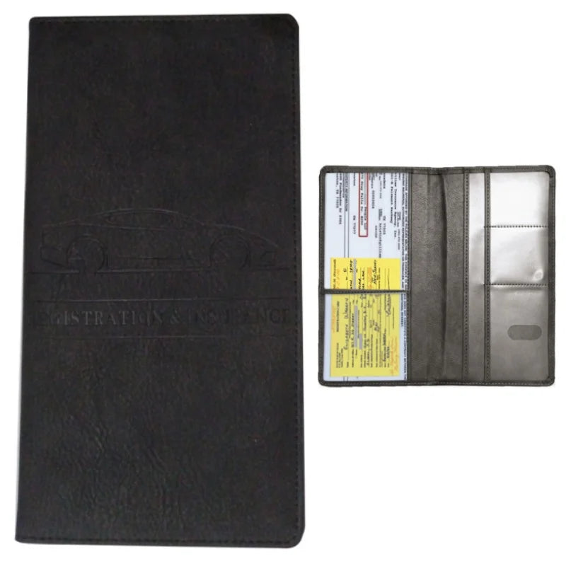 Black leather card holder wallet for ID and license with a clear plastic sleeve.