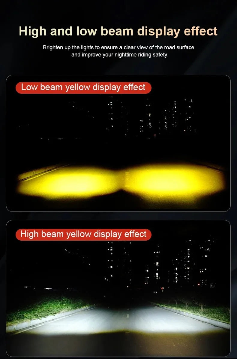 Display effect comparison showing low beam yellow and high beam yellow light patterns.