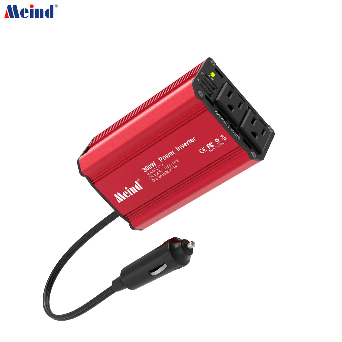 A red 300W power inverter with dual AC outlets and USB charging ports connected by a black cable.