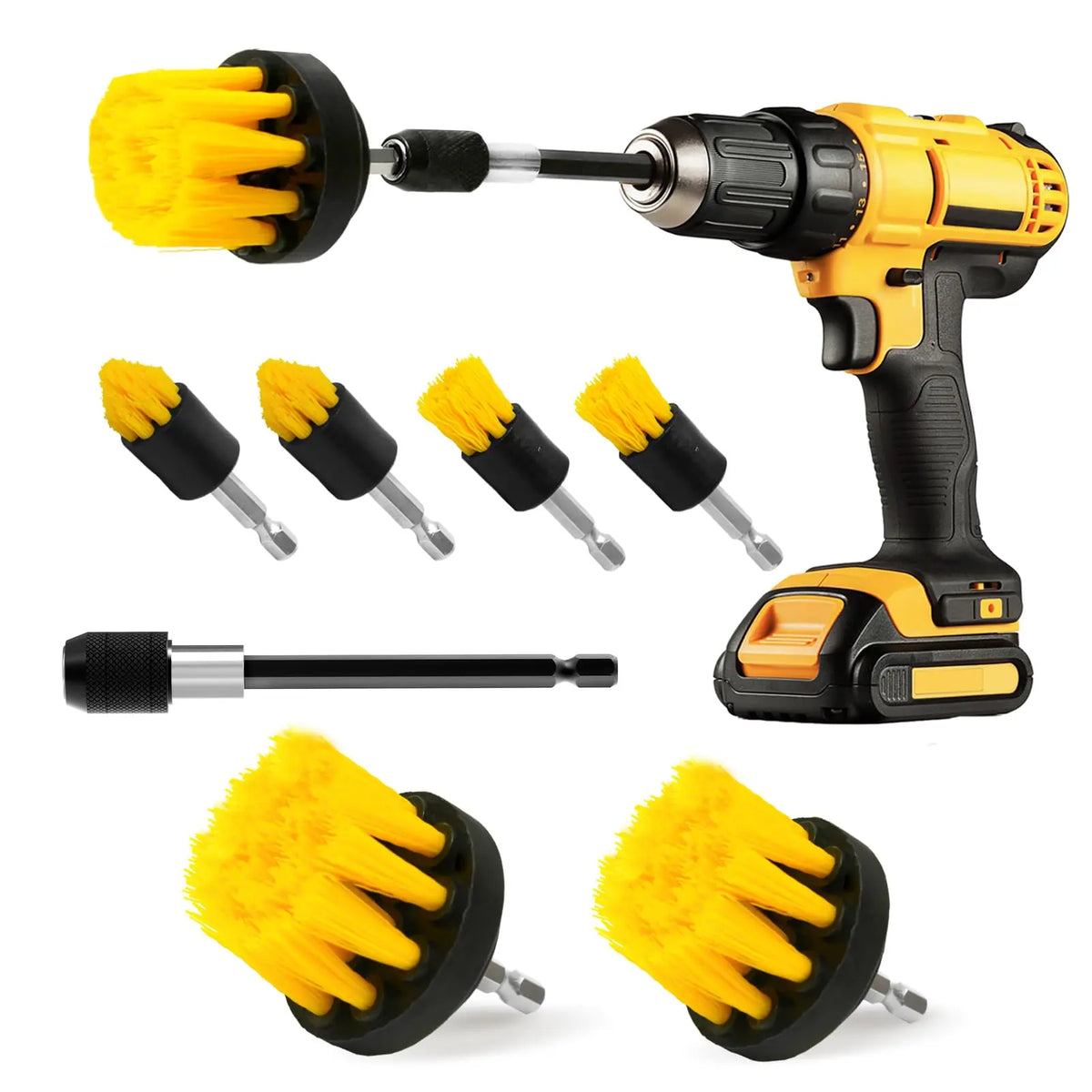 A set of yellow and black cleaning brushes and a handheld power tool for tough surface cleaning.