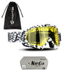 A pair of multi-color noseless motorcycle goggles and a black storage bag with the NAFEIB logo.