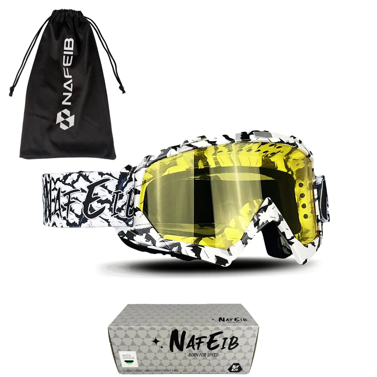 A pair of multi-color noseless motorcycle goggles and a black storage bag with the NAFEIB logo.