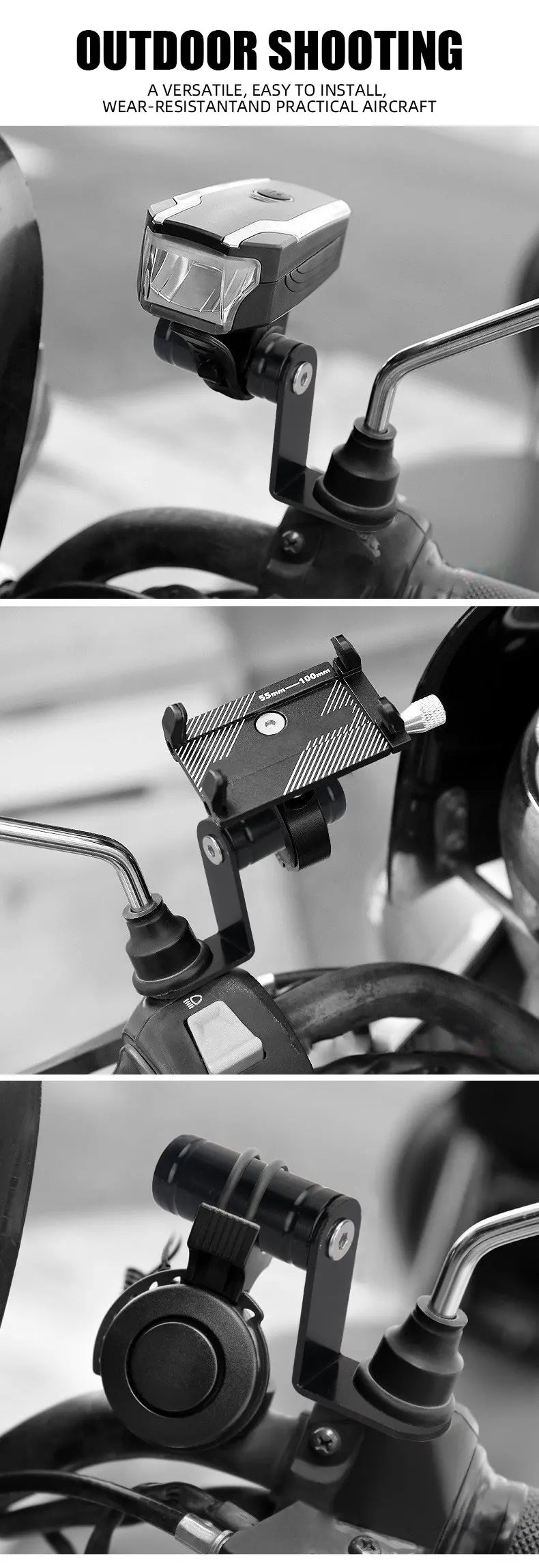 A versatile phone holder clamp mounted on a motorcycle handlebar for outdoor shooting.