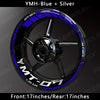 Yamaha MT-07 motorcycle wheel featuring blue and silver decals.