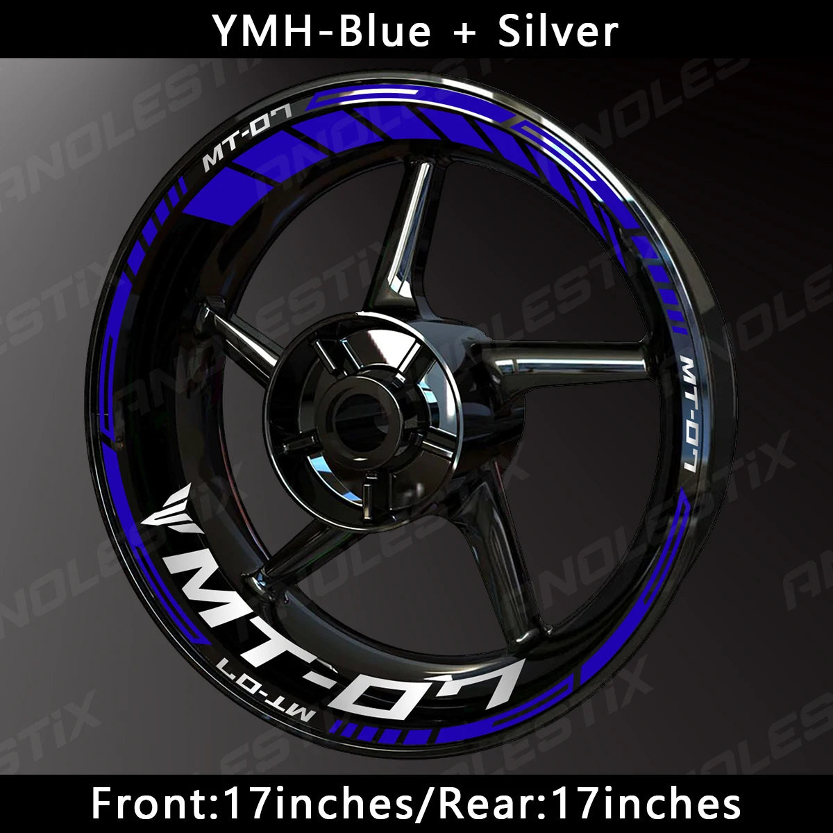 Yamaha MT-07 motorcycle wheel featuring blue and silver decals.