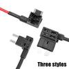 Three styles of automotive fuse adapter splitters including a red wire and black connectors