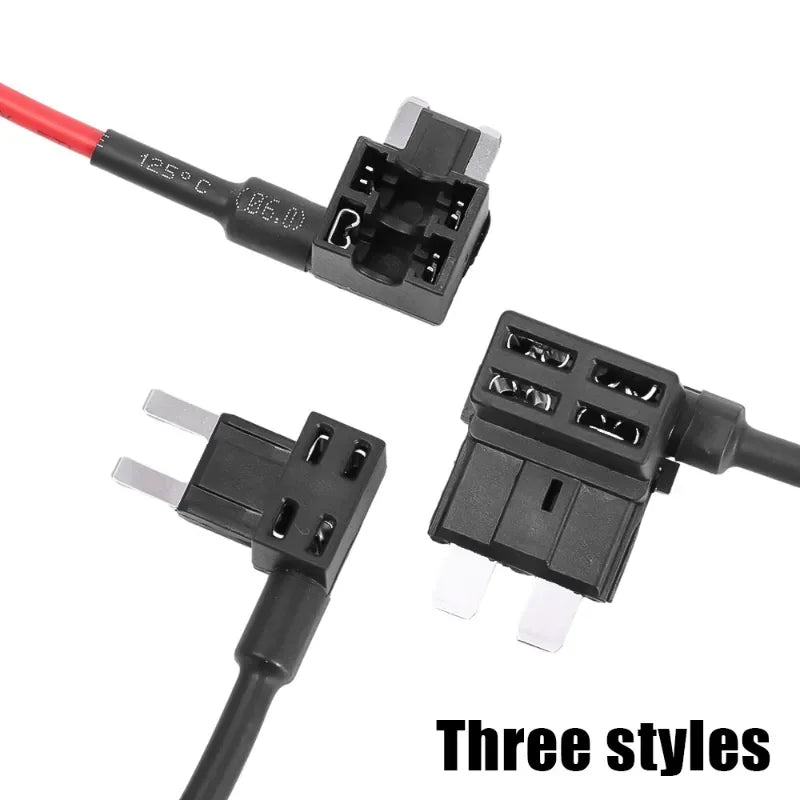 Three styles of automotive fuse adapter splitters including a red wire and black connectors