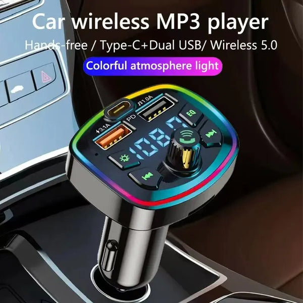 A colorful wireless MP3 player is shown plugged into a car accessory, featuring an atmosphere light.