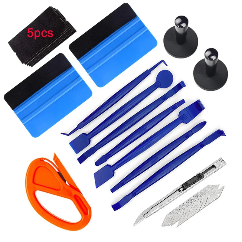 A set of tools for complete car vinyl wrap and window tint installation, including adhesive strips, squeegees, and a utility 