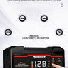 A black 12V intelligent conversion charger is shown with a hand, demonstrating its fast charging capability.