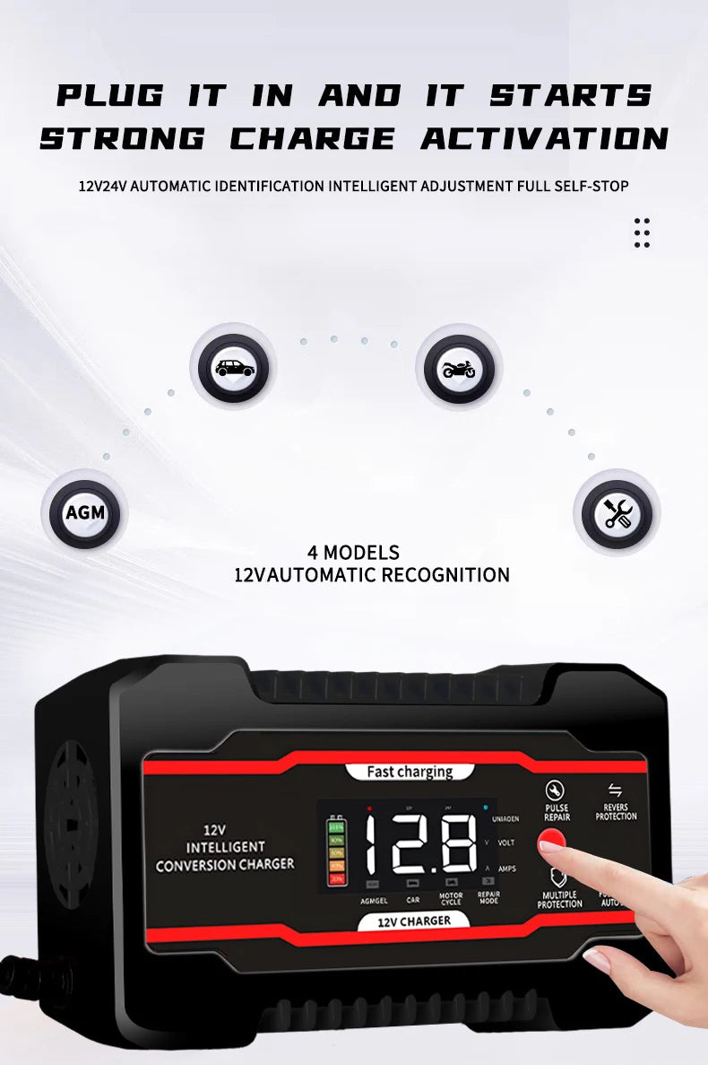 A black 12V intelligent conversion charger is shown with a hand, demonstrating its fast charging capability.