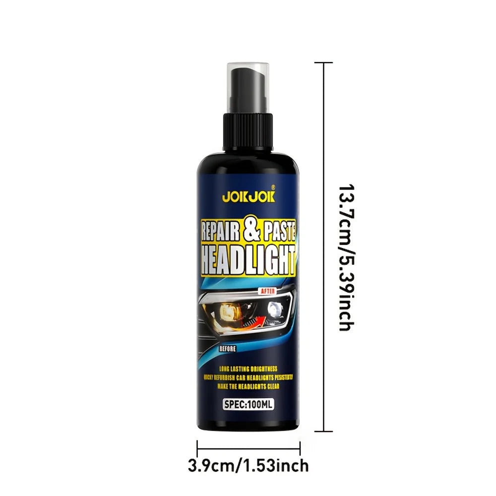 A black bottle of repair and paste headlight restoration spray with a black pump dispenser.