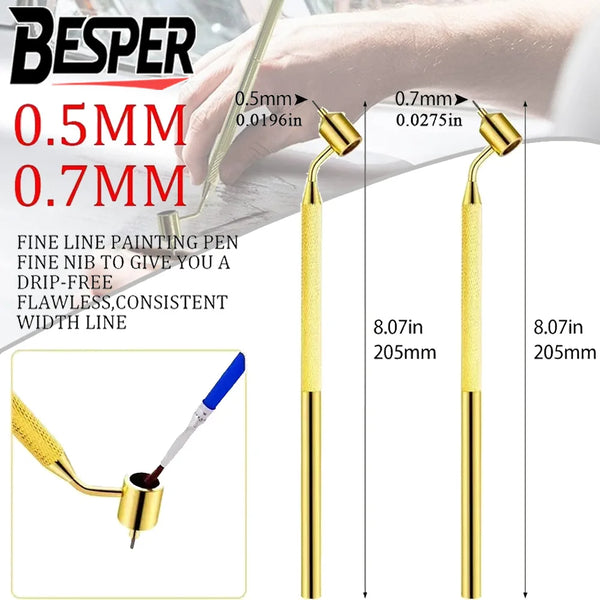 A close-up of a gold and black precision pen with a fine tip applicator for painting or repair work.