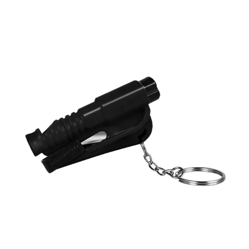 Black 3-in-1 car emergency safety tool kit with a metal keyring attached.