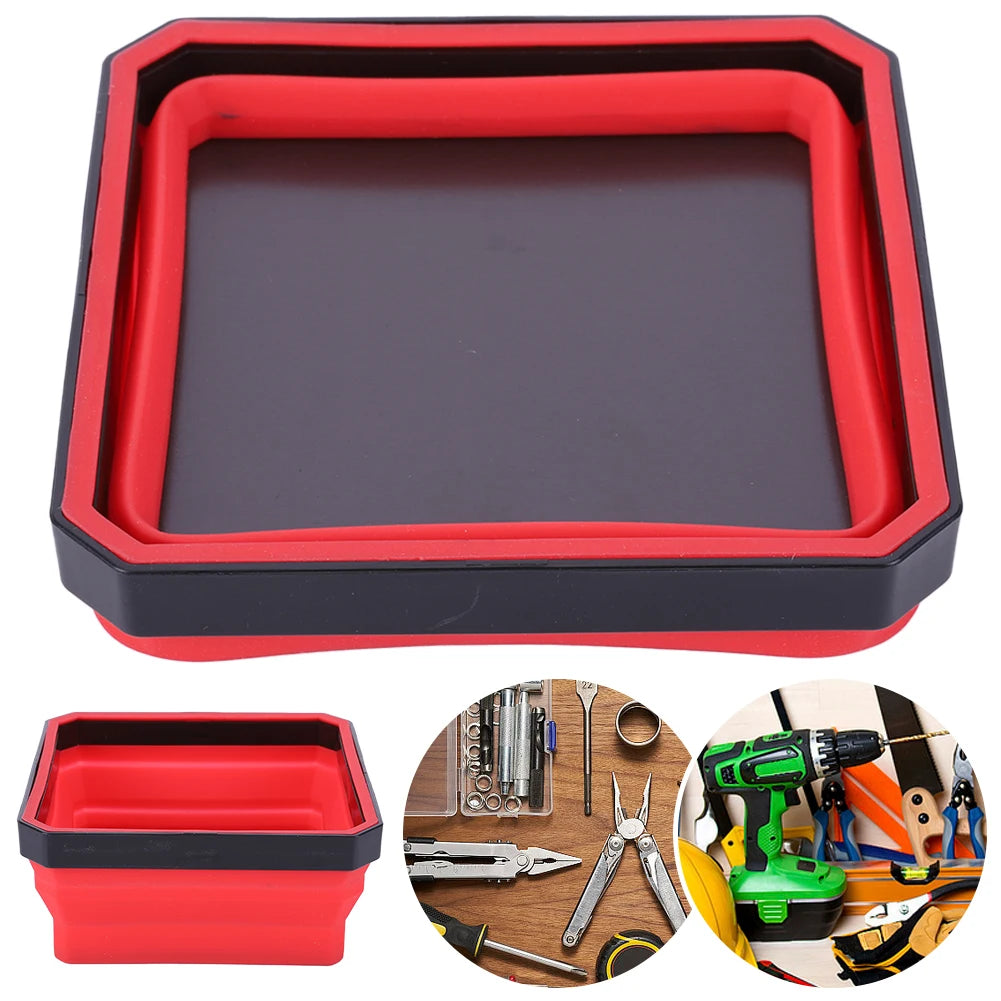 A red and black collapsible magnetic parts tray organizer shown in various views.