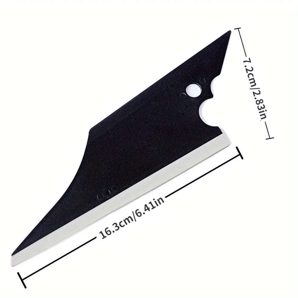 A black professional car window tint kit blade shown with dimensions and a hole.