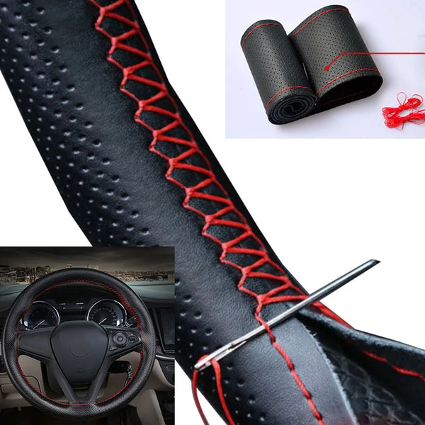 Black faux leather steering wheel cover with red stitching and a sewing kit shown alongside the finished product.