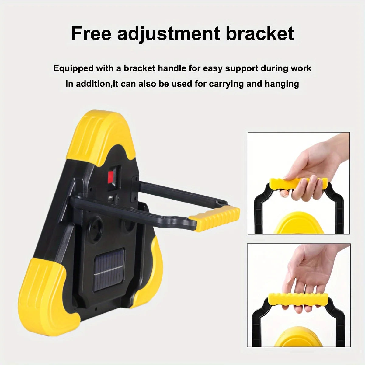 A yellow and black solar emergency warning light with a bracket handle shown in various angles.