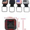 Black universal trailer hitch cover with customizable flag inserts and various dimensions shown.