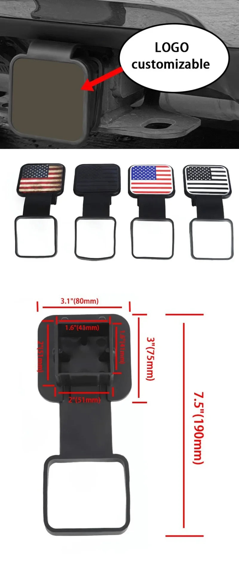 Black universal trailer hitch cover with customizable flag inserts and various dimensions shown.