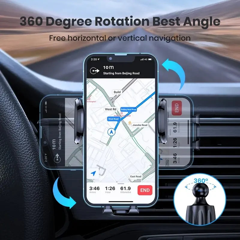 A phone mount displaying a map navigation screen in a car interior setting.