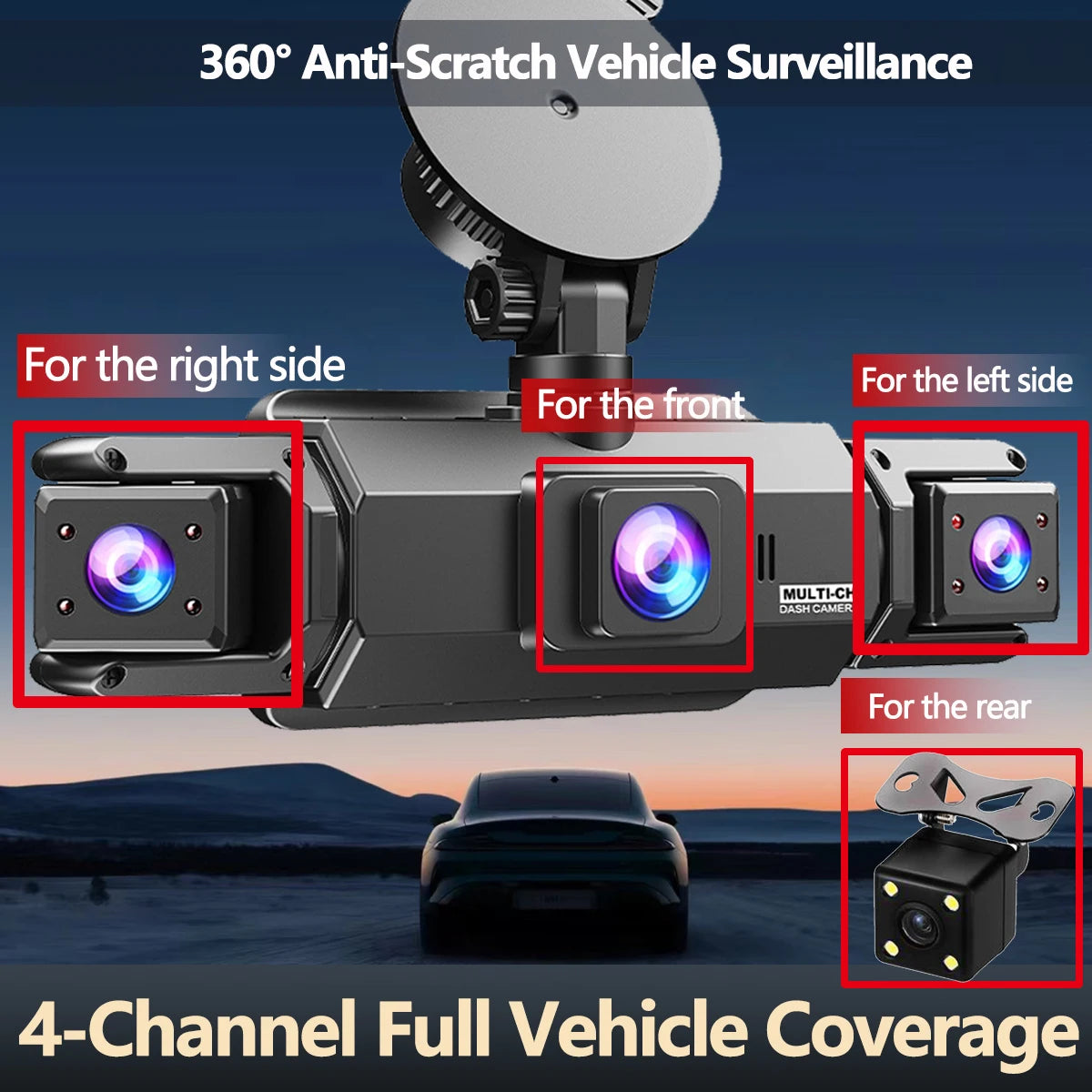 A multi-camera dash cam system providing 360° anti-scratch vehicle surveillance for the front, sides, and rear.