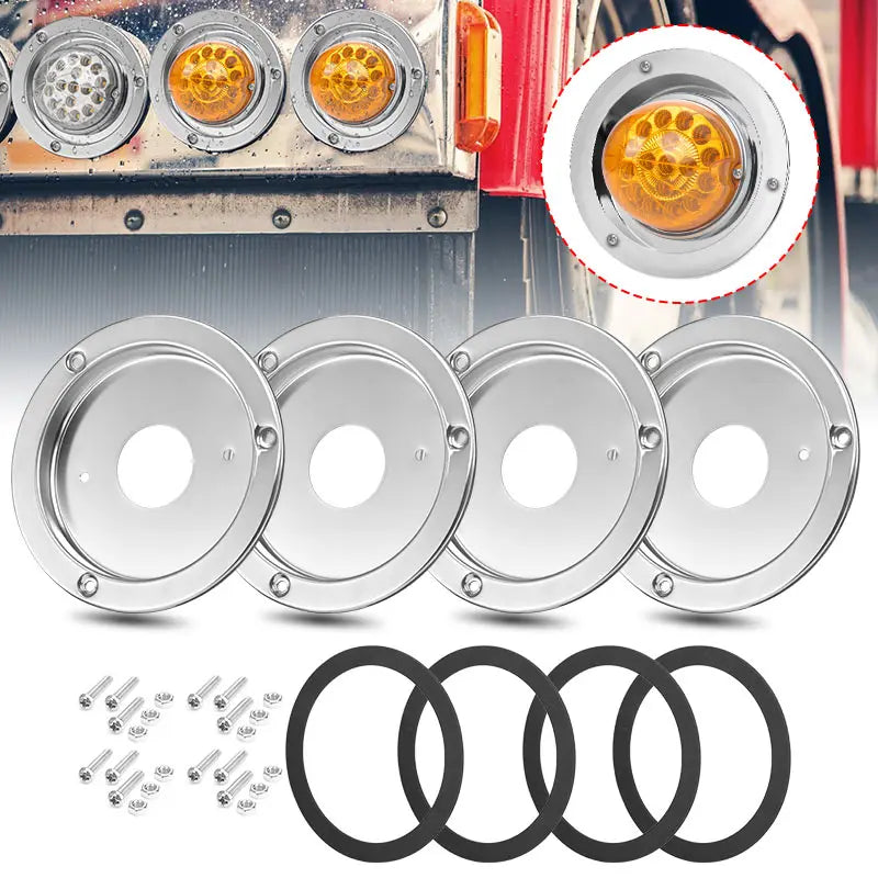 Set of universal stainless steel tail light bezel mounts for trailers and vans with mounting screws