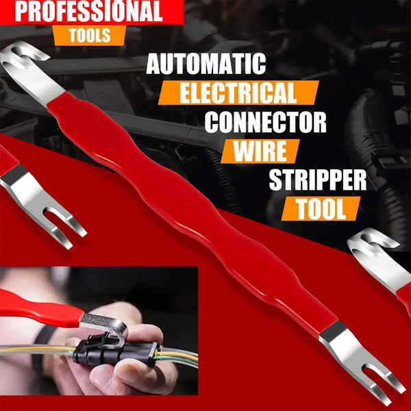 Herramienta cortadora de cables eléctrica automática roja y plateada, vista en primer plano de su función.
