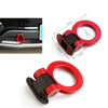 A set of red and black car trailer hook decals with various sizes shown against a black car surface.