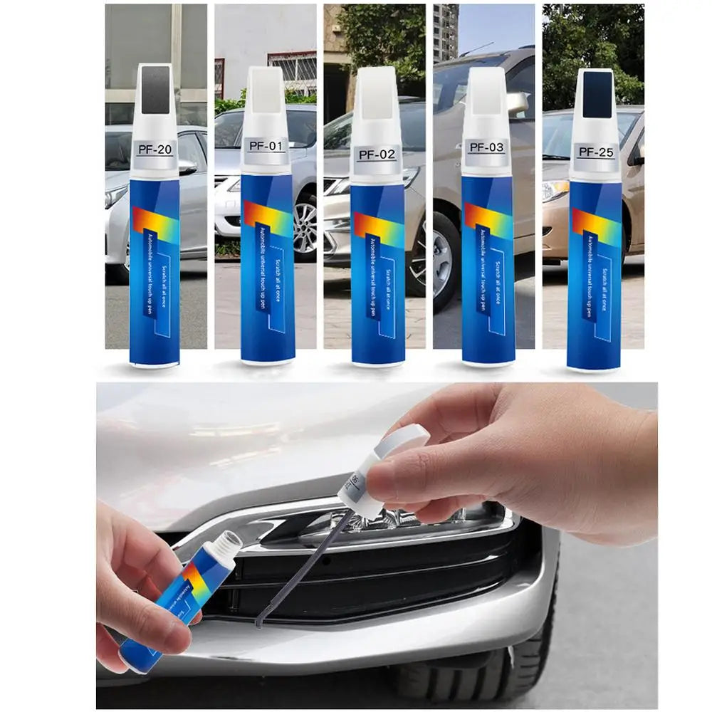 A set of car touch-up paint pens with various tips and brushes displayed next to a car hood.