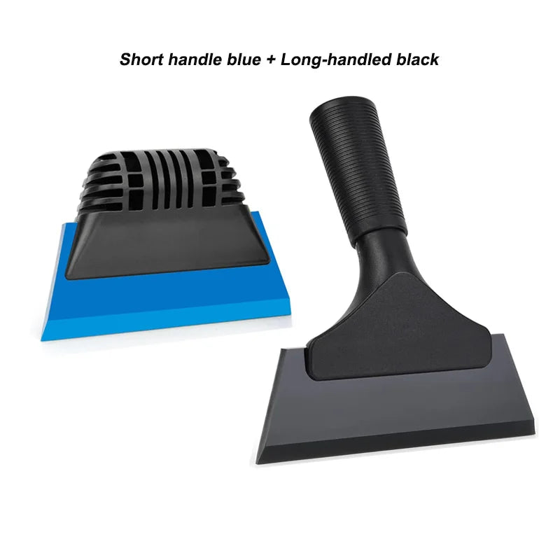 A black long-handled squeegee and a blue short-handled squeegee for window and surface cleaning.