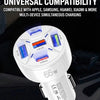 A white 65W multi-port USB-C car charger with five output ports is shown on a dark surface.
