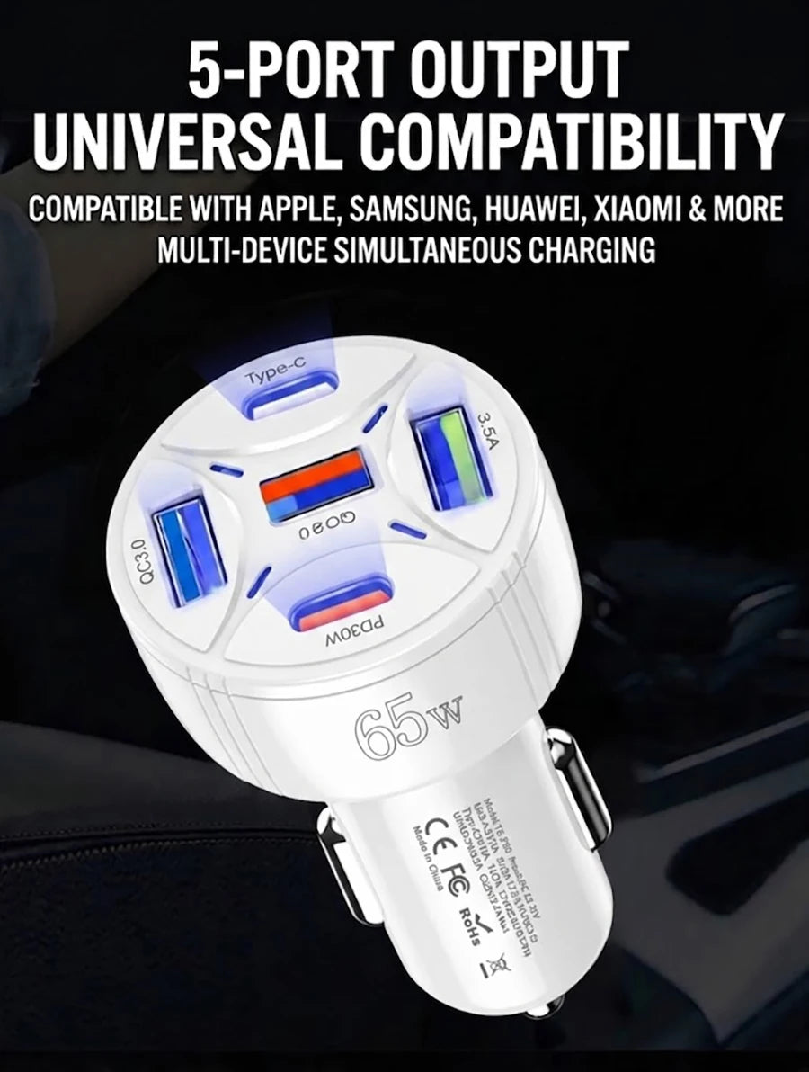 A white 65W multi-port USB-C car charger with five output ports is shown on a dark surface.