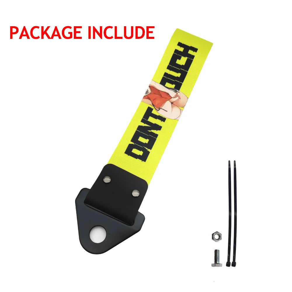 Yellow strap with DON'T TOUCH printed on it and mounting hardware.