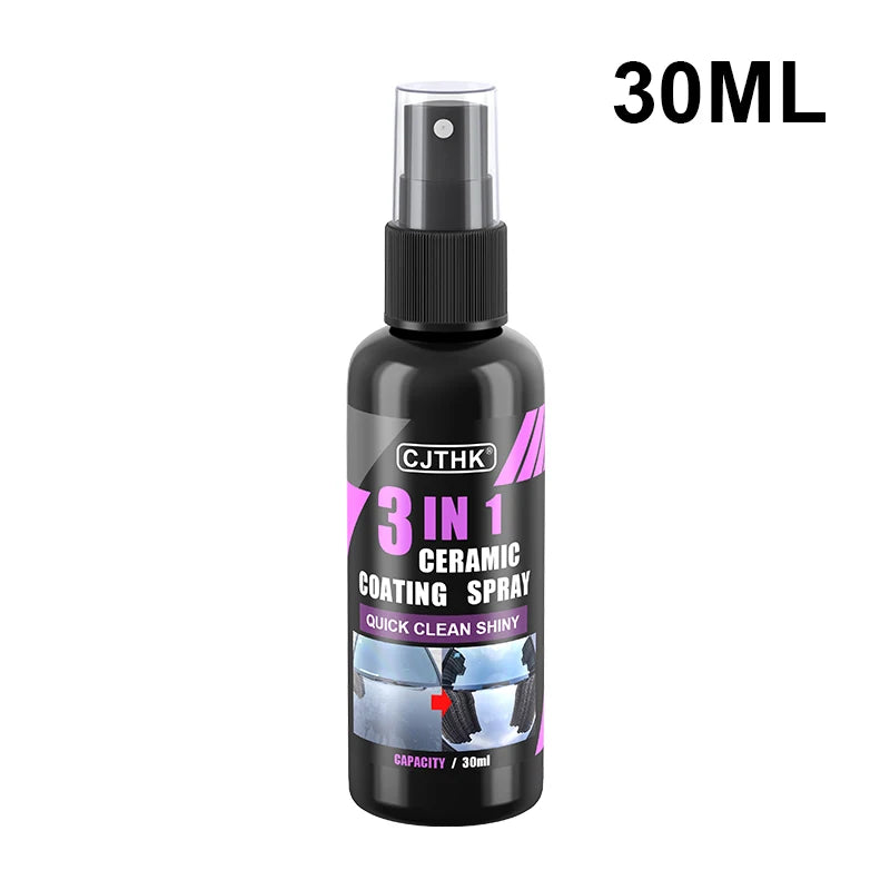 A black spray bottle labeled 30ML containing a 3 in 1 ceramic coating spray for cars.