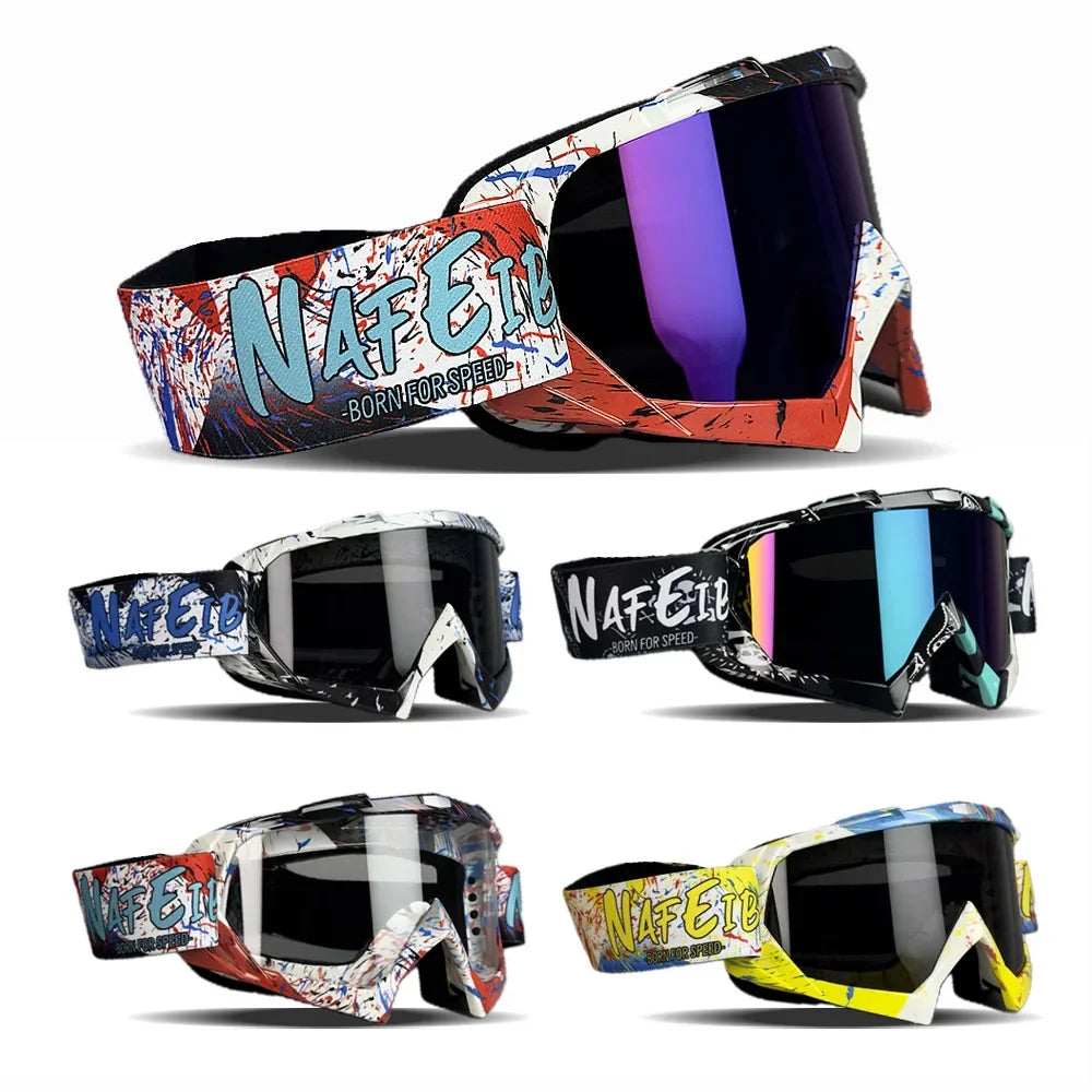 A set of NafEil motorcycle off-road goggles shown in various colors and angles.