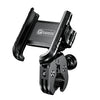 Support universel noir pour téléphone de moto avec mécanisme de serrage.