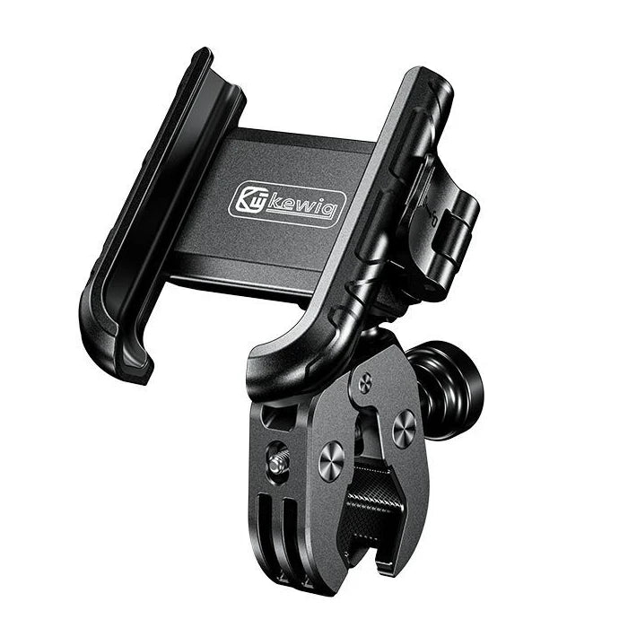 Support universel noir pour téléphone de moto avec mécanisme de serrage.