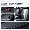 Close-up view of black car seat covers highlighting features like the seat belt socket, front pocket, and airbag port.