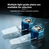 Mehrere blaue Lichtführplatten und magnetische Schneidlichter für Auto-Wrap werden auf einer dunklen Oberfläche gezeigt.