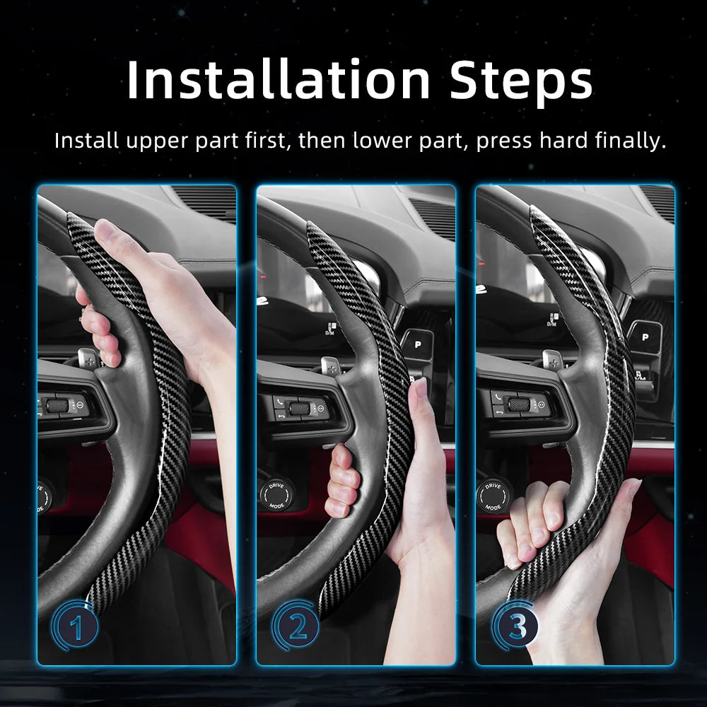 Installation steps showing how to install upper and lower parts of carbon fiber steering wheel covers