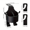 Black car seat cup holder hook with various sized hooks and a measuring guide