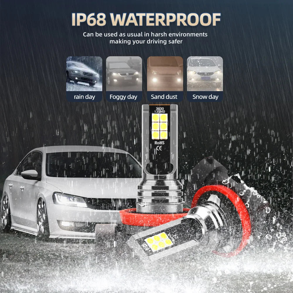 Nahaufnahme einer IP68 wasserdichten LED-Auto-Glühbirne, die unter verschiedenen Wetterbedingungen wie Regen, Nebel, Sand und