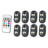A set of multi-color car ambient interior lights with remote control, shown in various orientations.