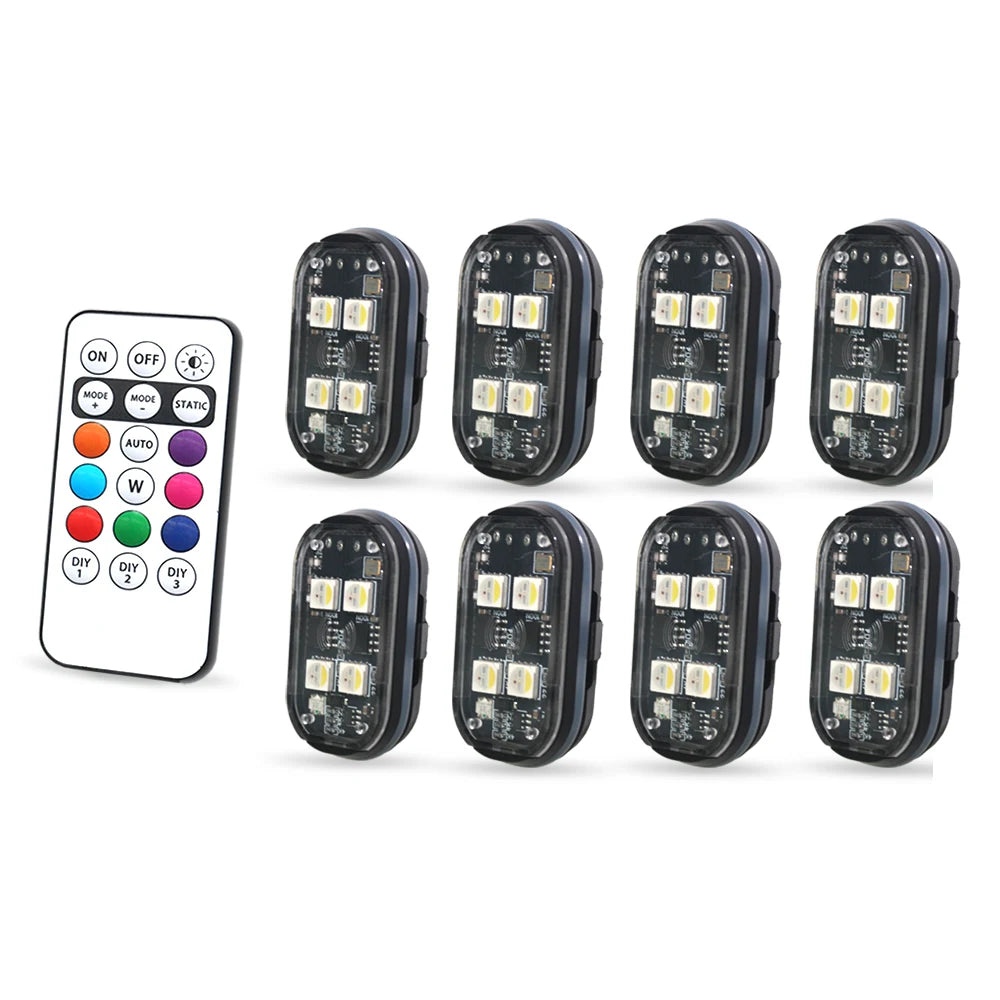 A set of multi-color car ambient interior lights with remote control, shown in various orientations.